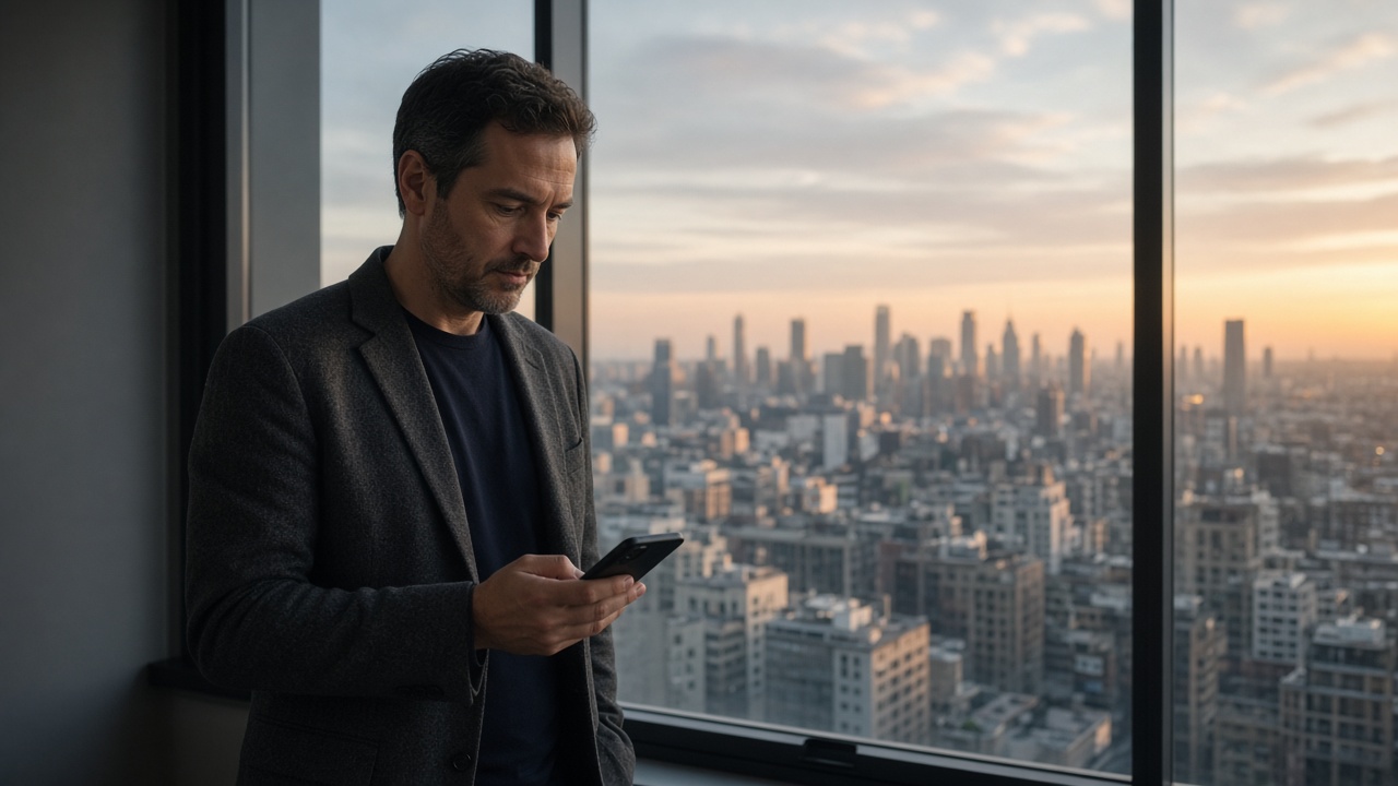 A consultant by a city window looking at a phone.