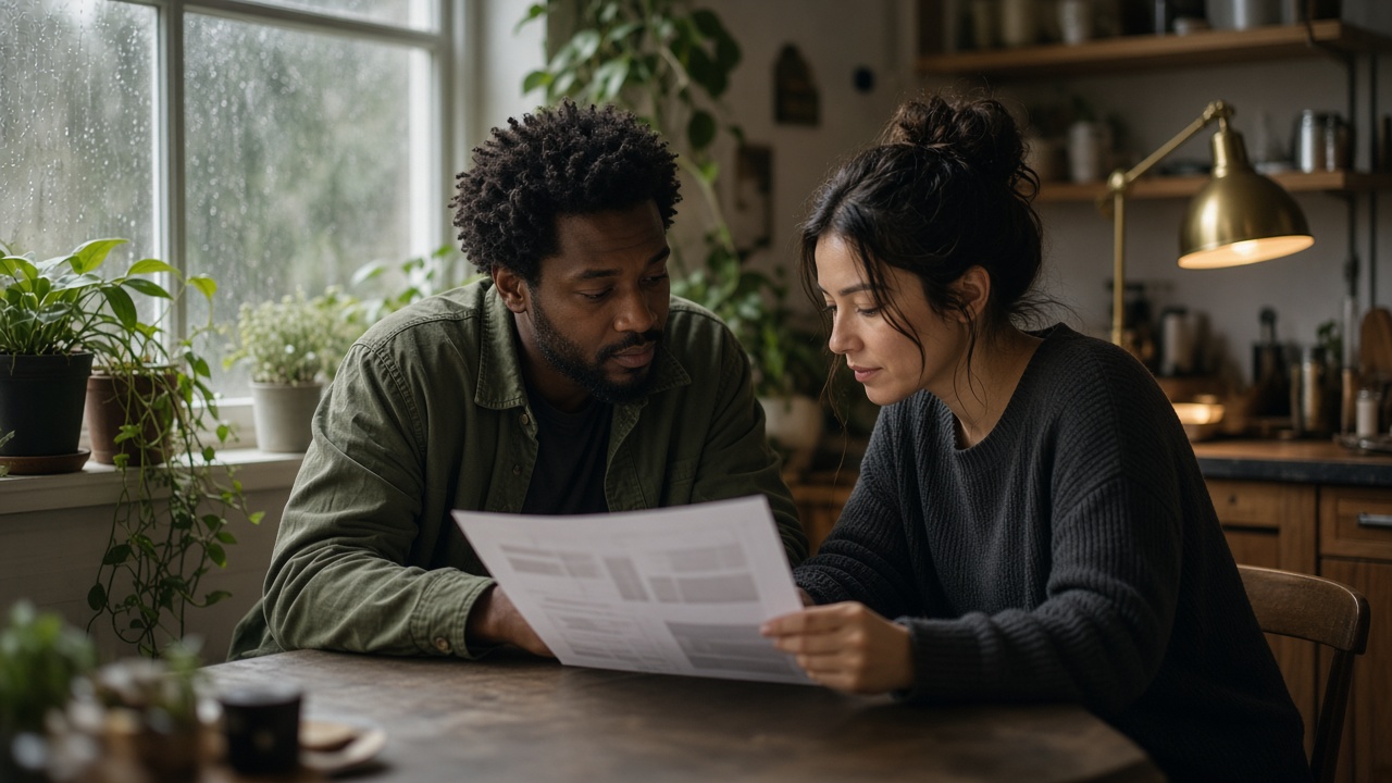 Two people at a kitchen table reviewing a printed page.