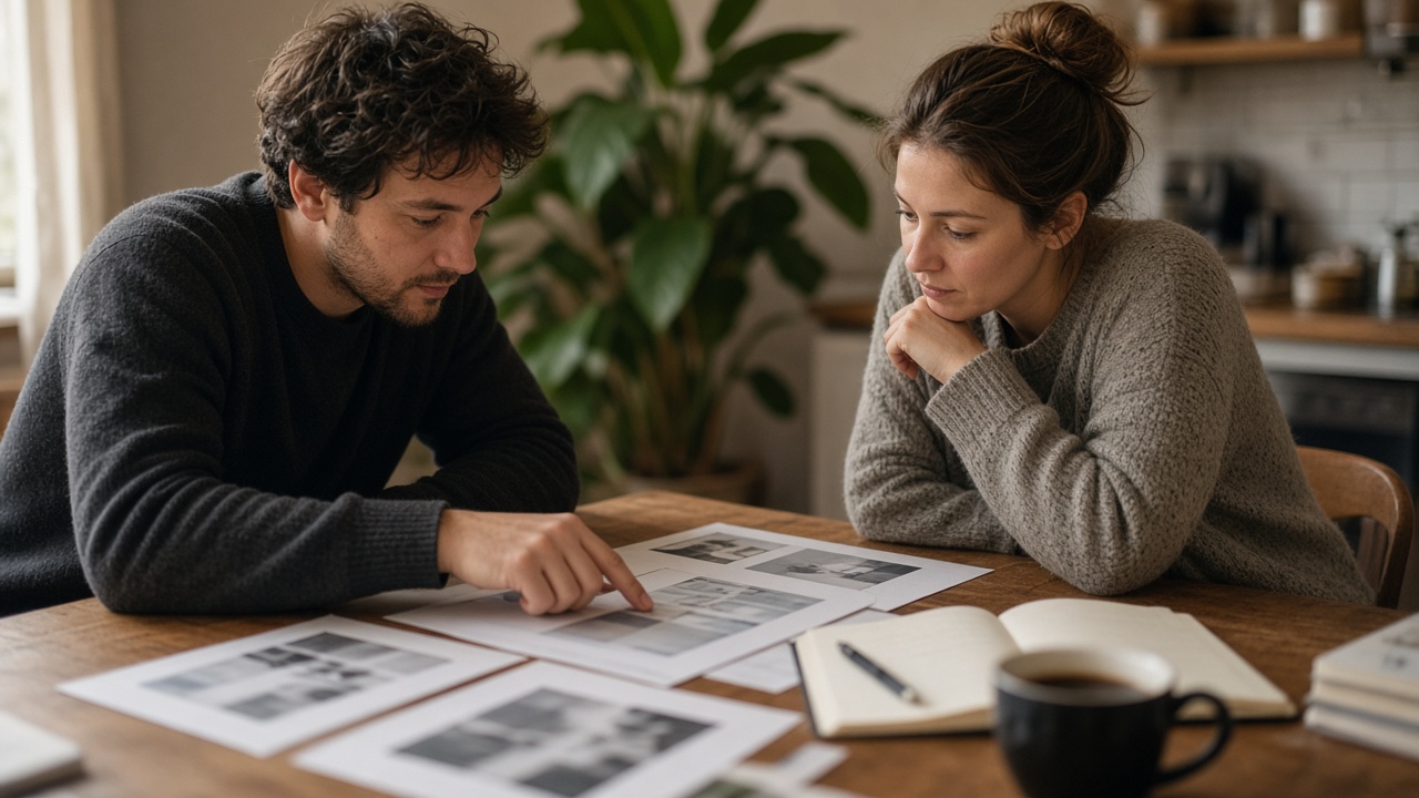 A freelancer and client reviewing printed mockups at a kitchen table.