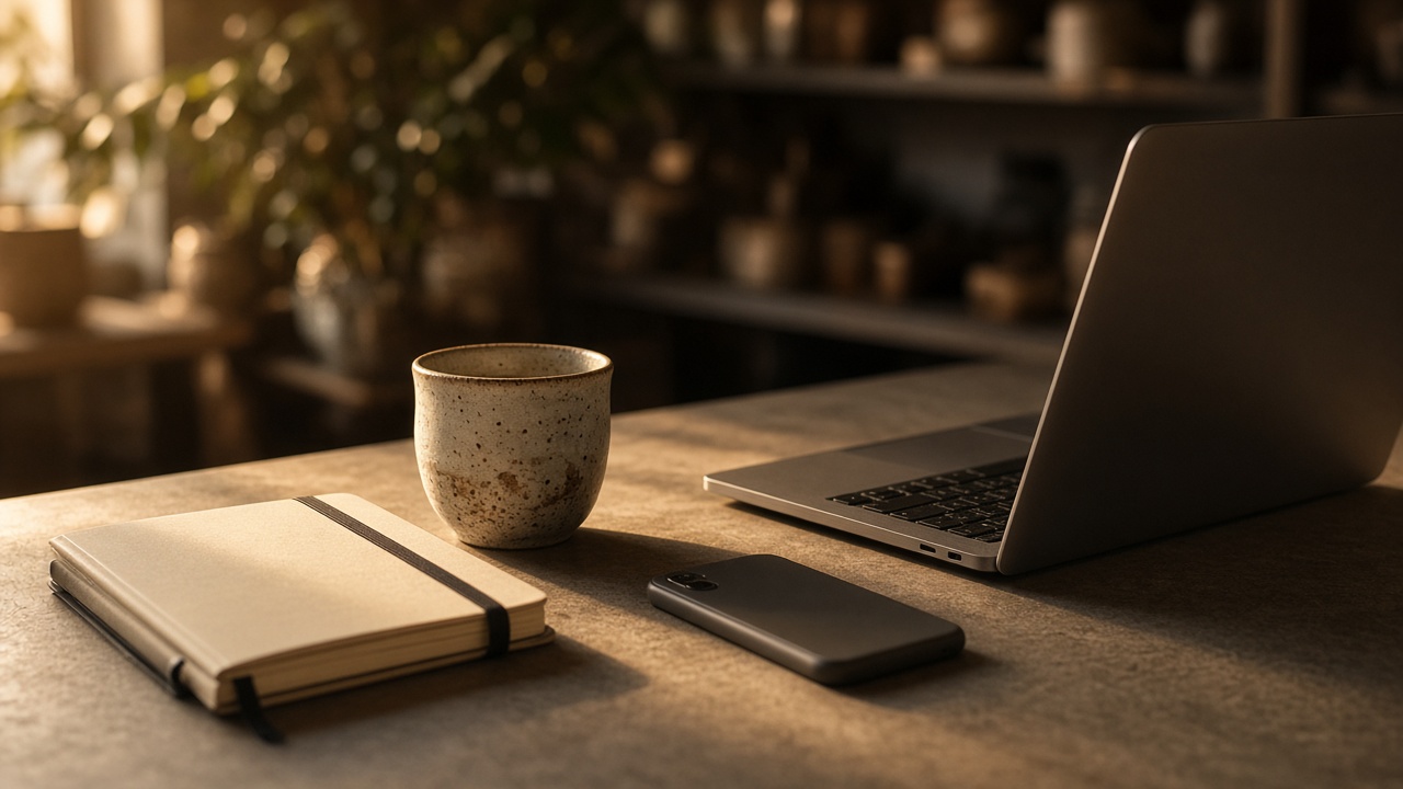 A quiet shop counter with a notebook, a cup, and a laptop.