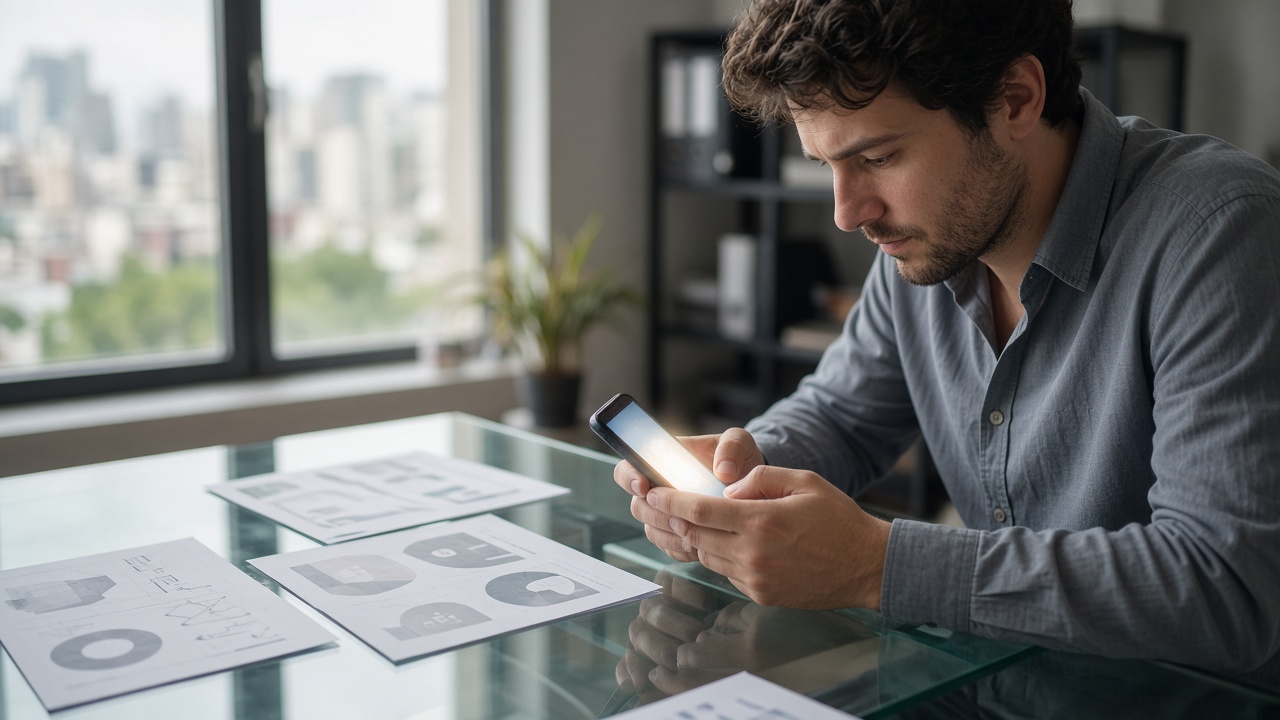 A person at a glass desk looking something up on a phone beside printed charts.