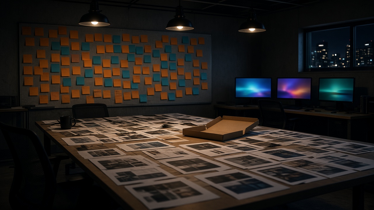 A campaign war room table with printed comps, sticky notes, and glowing monitors.