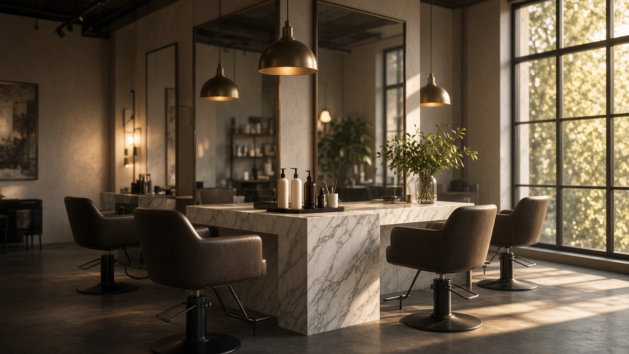 A hair salon interior with styling chairs, mirrors, and warm lights.