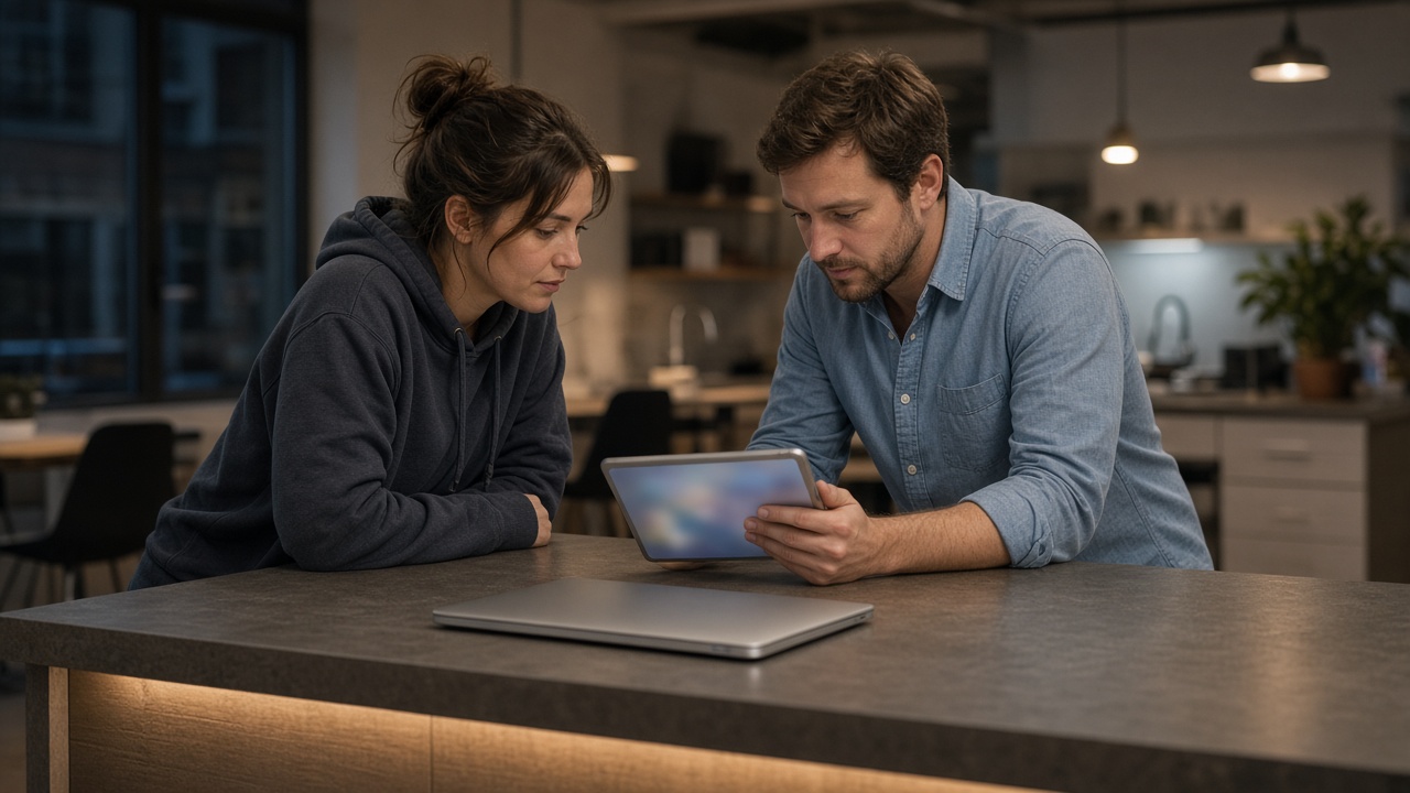 Two product people at a kitchen counter reviewing app page results on a tablet.