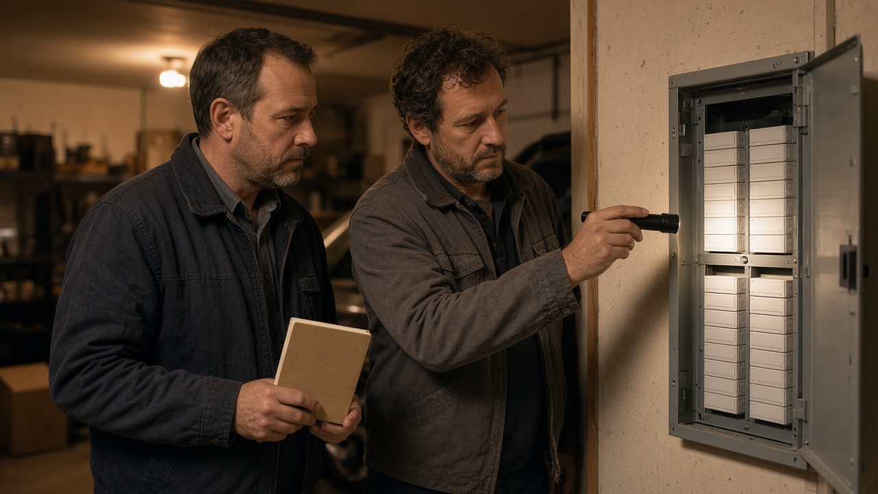 Two electricians reviewing breakers at an open panel.