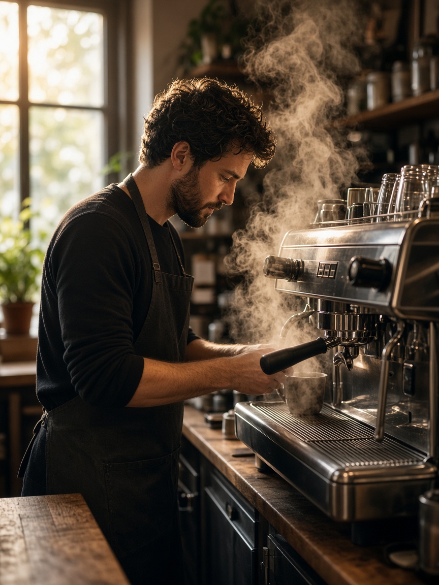 A barista at an espresso machine in a neighborhood cafe.