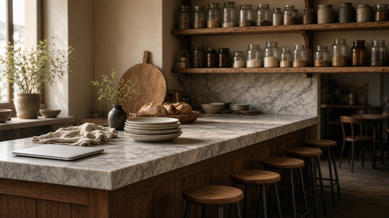 A marble bakery counter with ceramic plates, a laptop, and warm wood shelves.