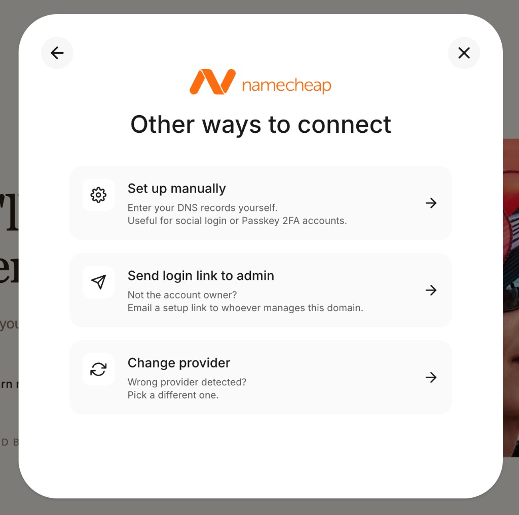Other ways to connect: Set up manually, Send login link to admin, and Change provider