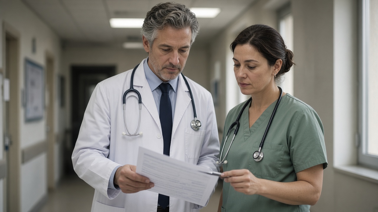 A physician and nurse reviewing a paper chart in a clinic hallway.