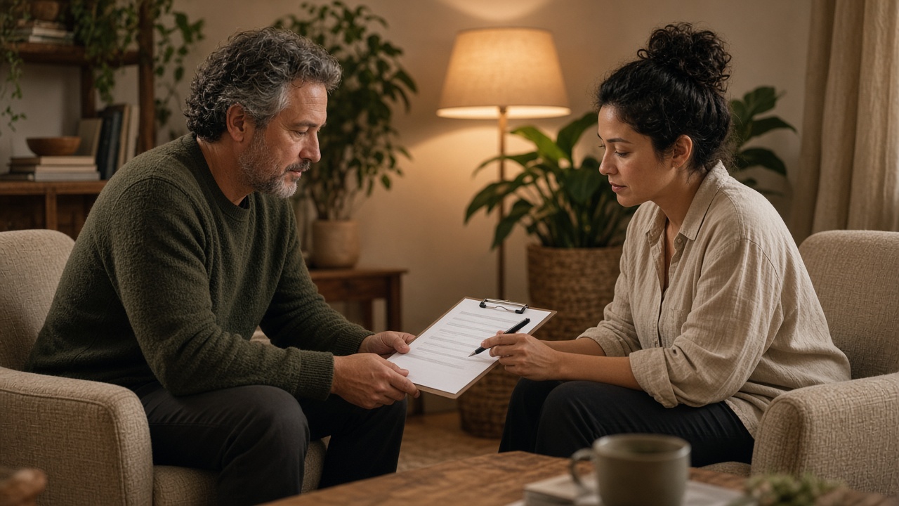 A coach and client in armchairs reviewing a clipboard.