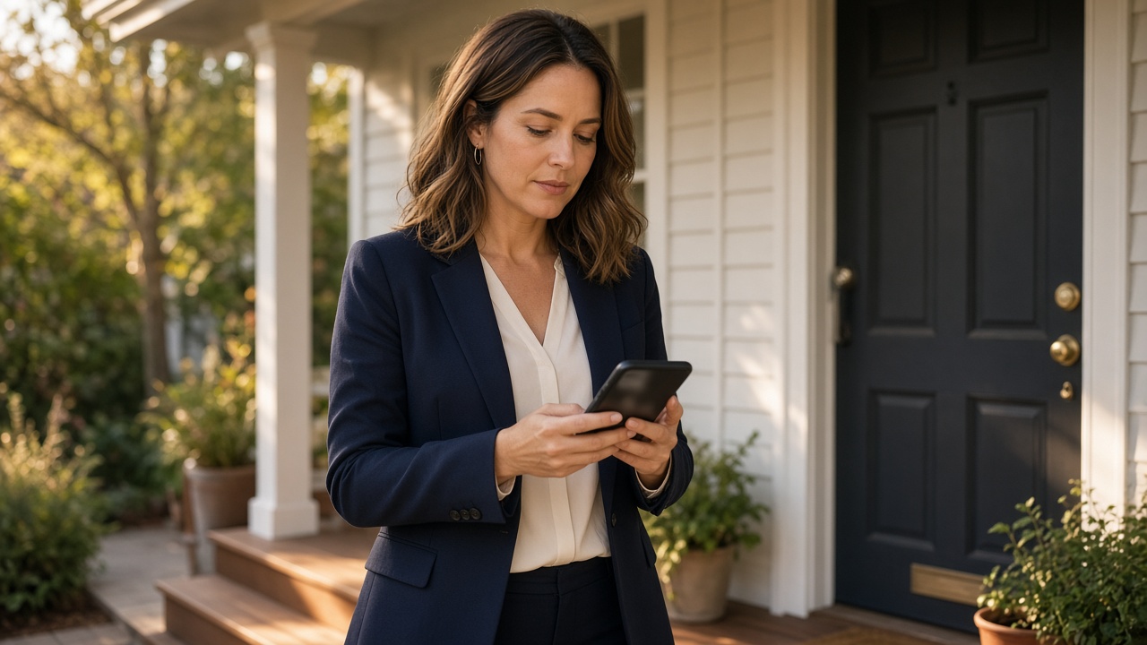 A real estate agent on a front porch looking at a phone.