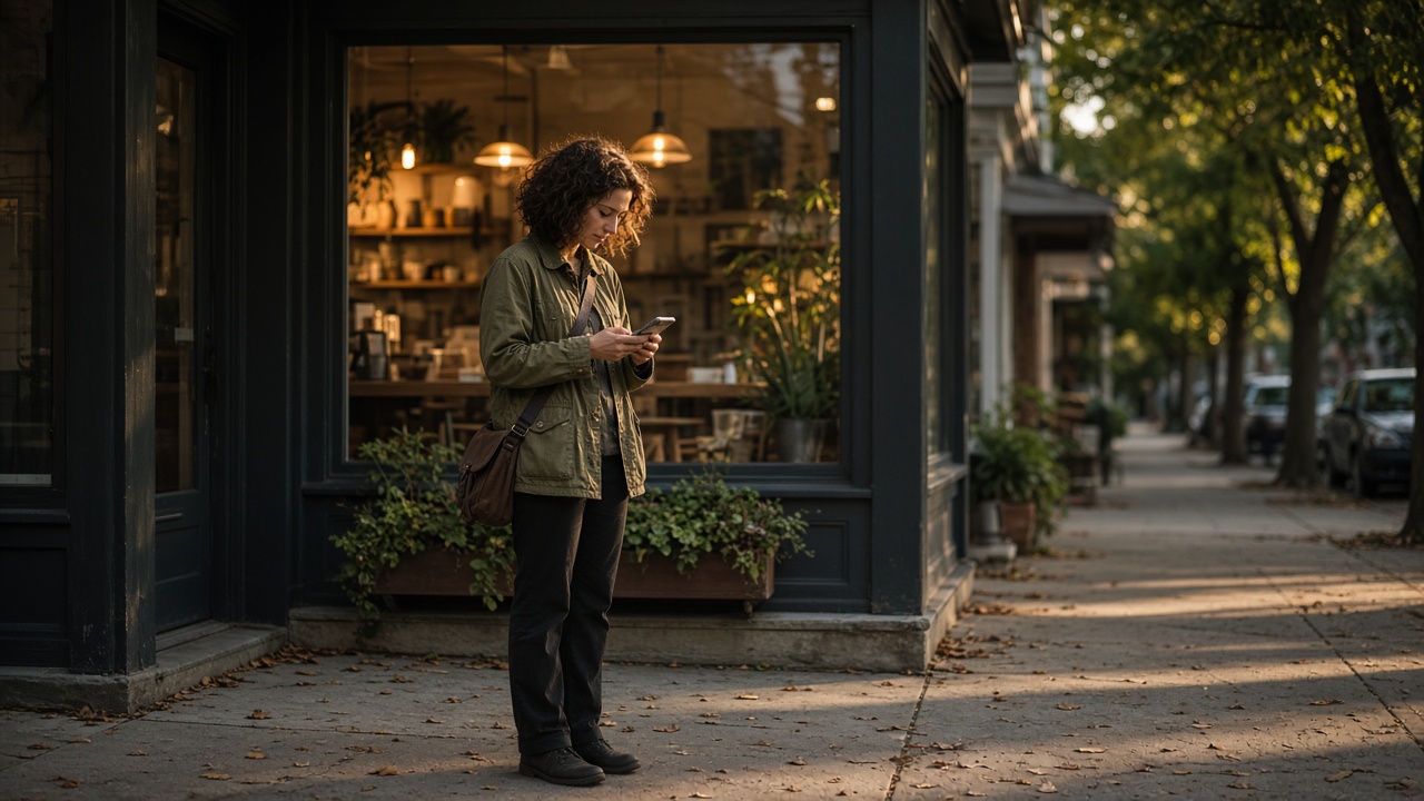A person looking at a phone on the sidewalk outside a small shop.