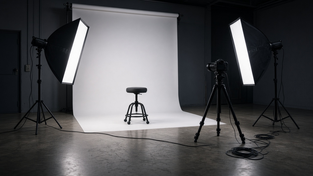 An empty photo studio with a white backdrop, softboxes, and a tripod.