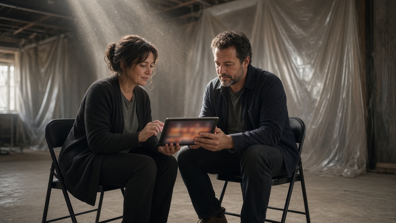 Two shop owners in an unfinished store reviewing interest on a tablet.