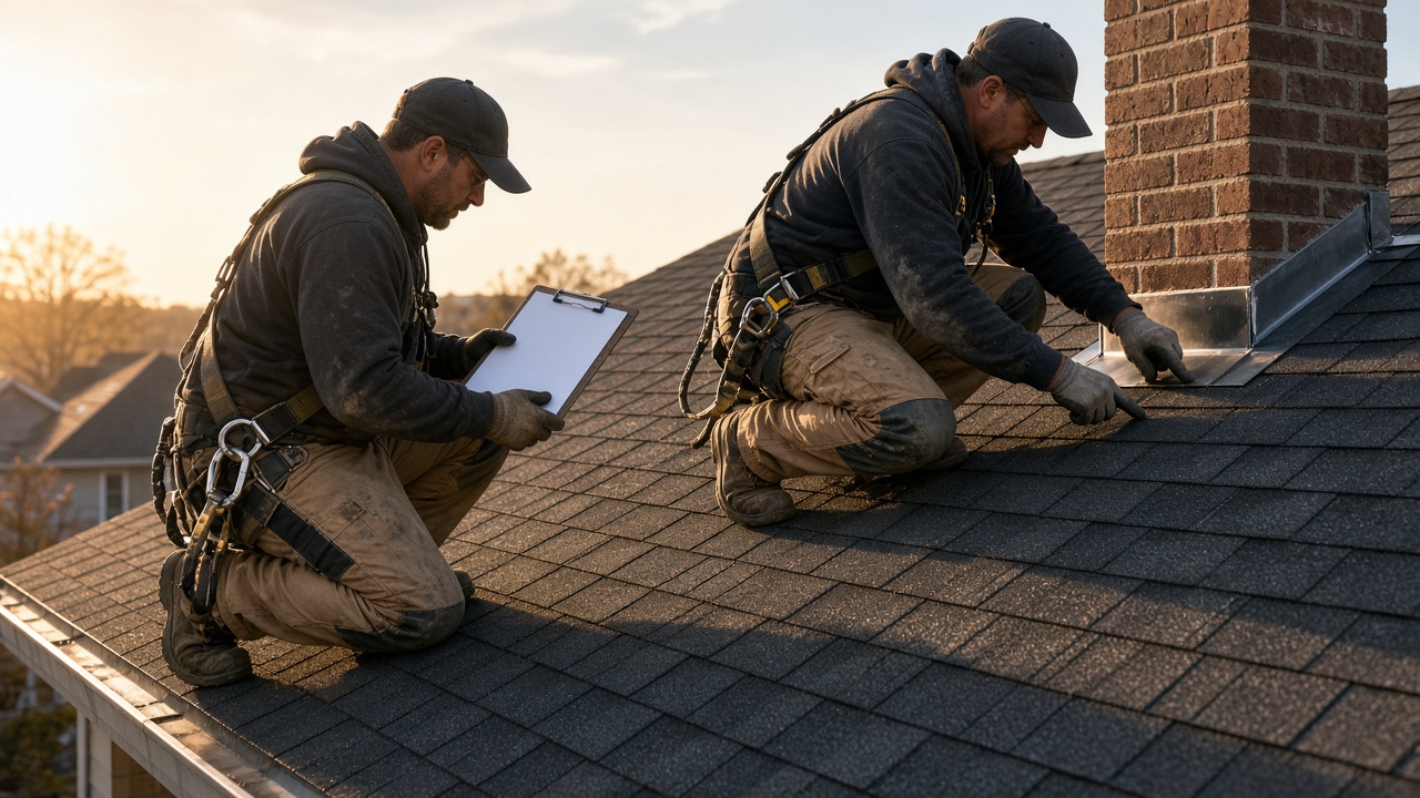 Two roofers reviewing finished shingles and flashing around a chimney.