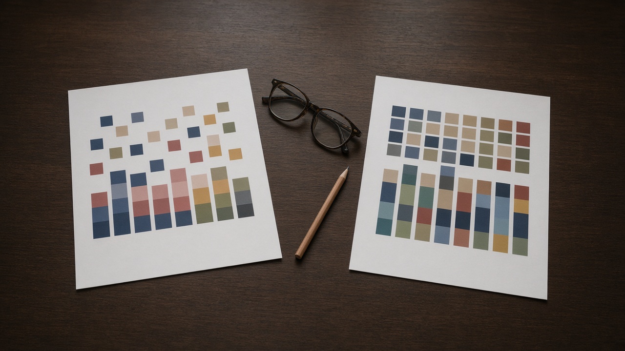 Two printed comparison sheets with unlabeled color bars on a conference table.