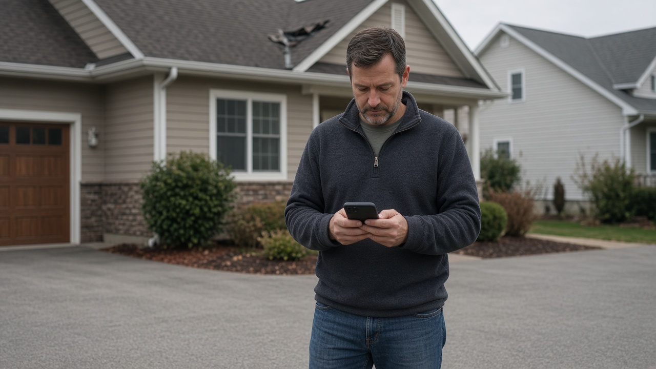 A homeowner looking at a phone in a driveway under a damaged roof.
