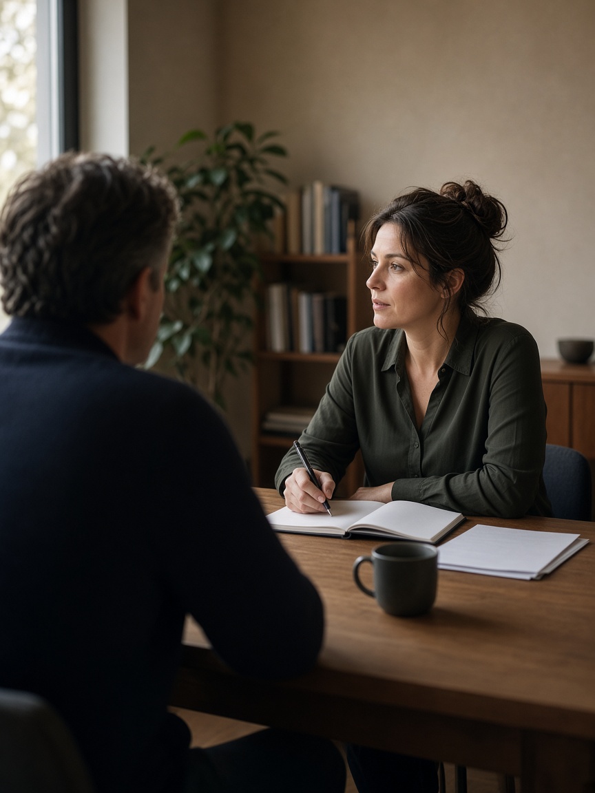 Two people talking across a desk in a quiet office.