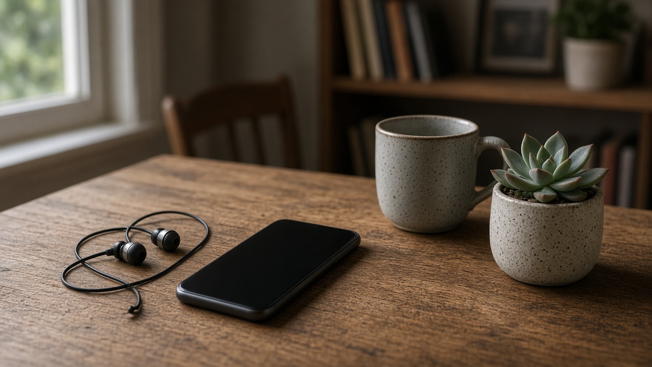 A smartphone lying on a wooden workbench next to earbuds and a mug.