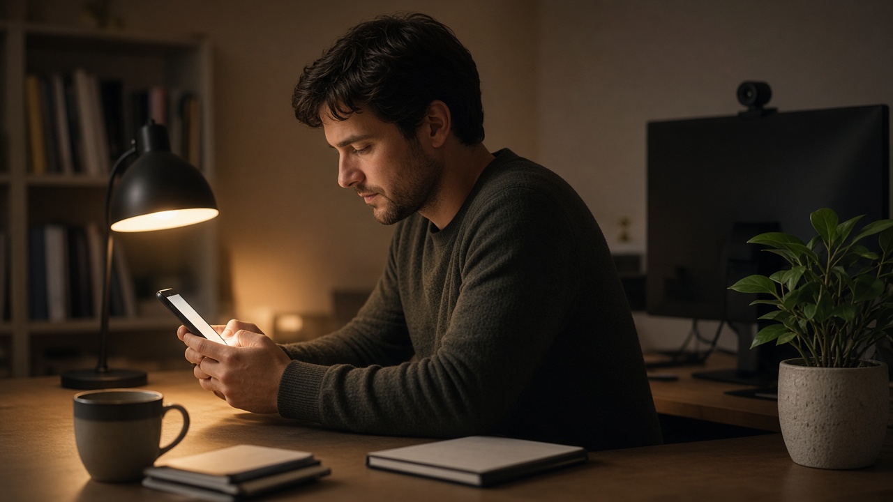 A person at a home-office desk looking something up on a phone.
