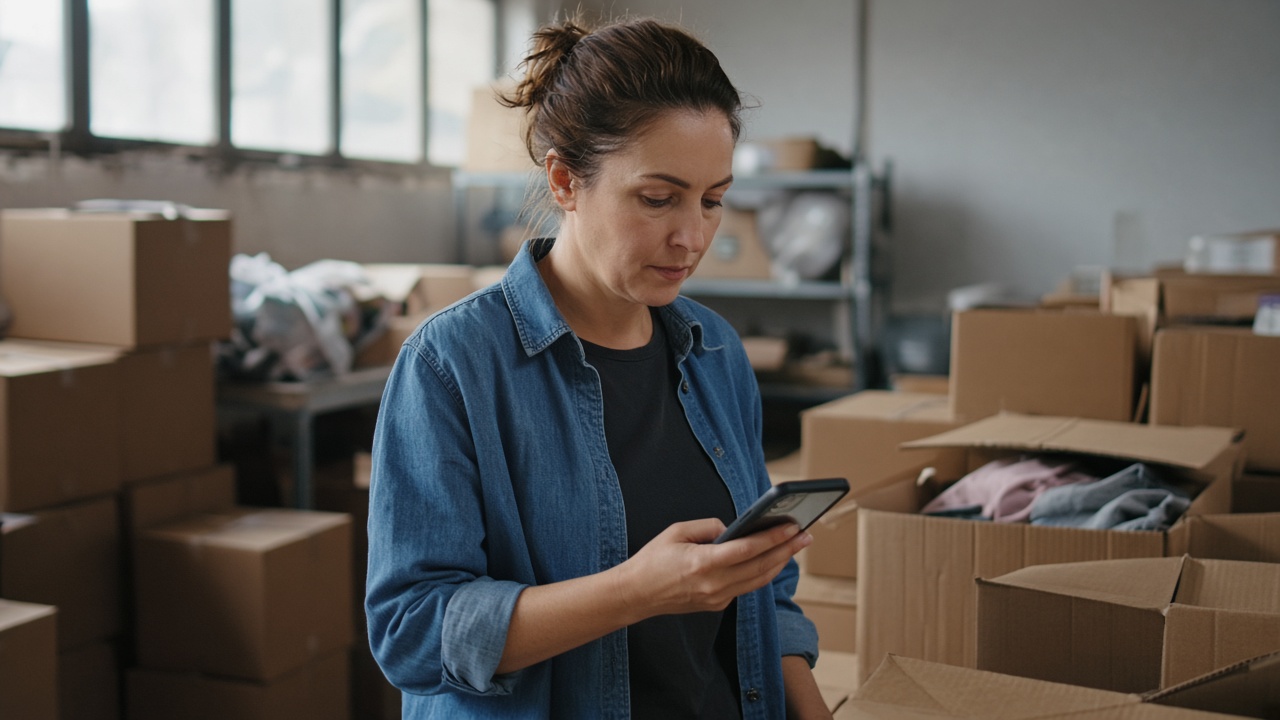 A volunteer in a packing room looking at a phone.