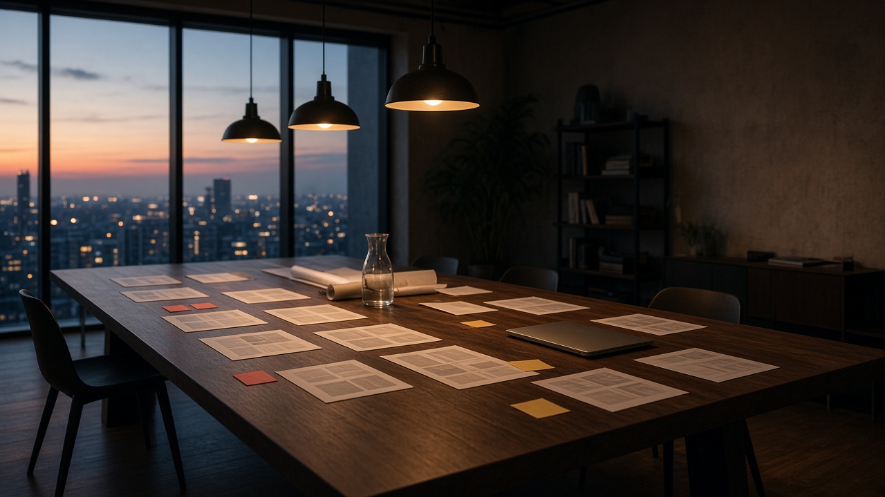 A dark conference table covered with printed page mockups and sticky notes.