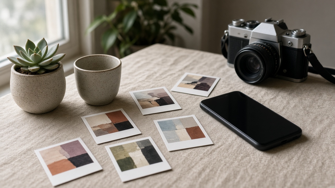 A smartphone on a linen table beside a film camera and Polaroid prints.
