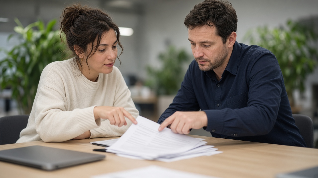 Two marketers at a conference table reviewing a stack of lead sheets.