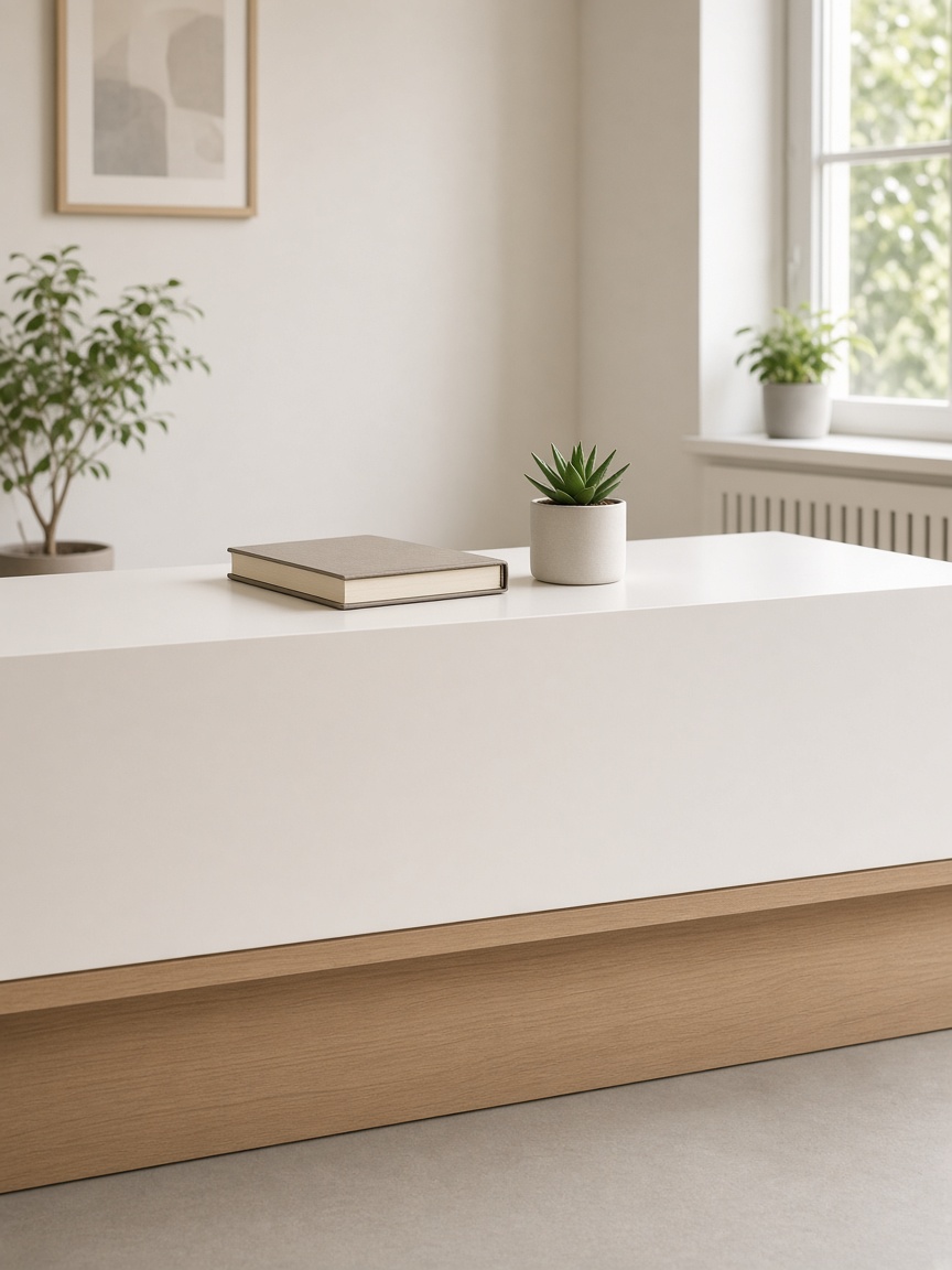 A quiet dental reception desk in morning light.