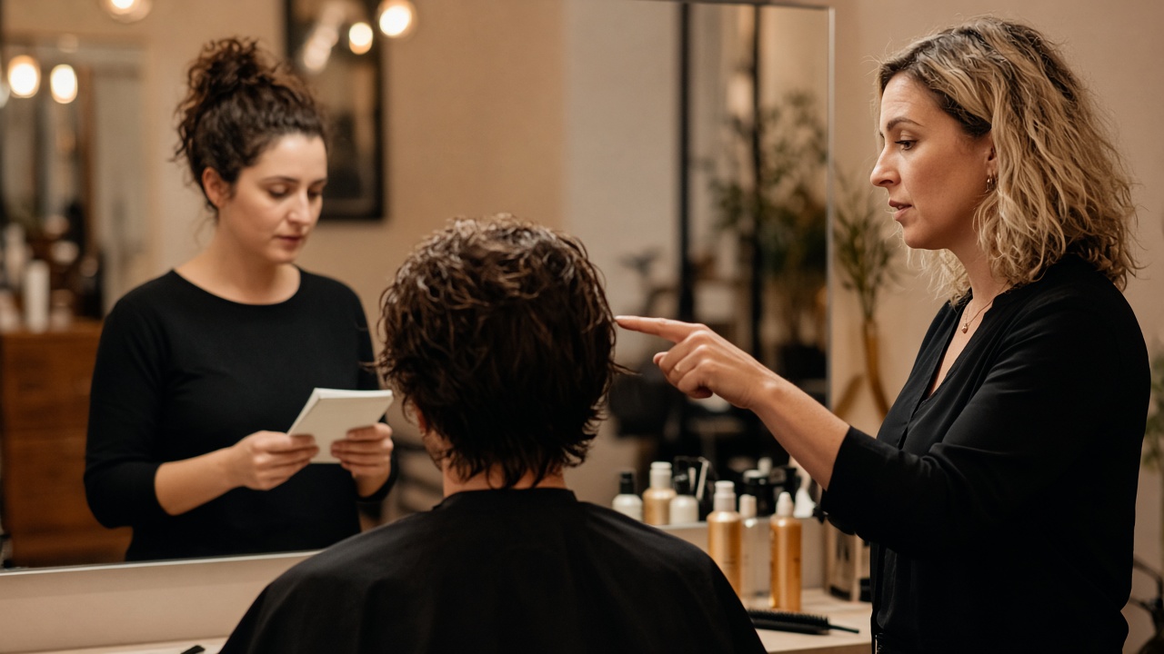 Two stylists reviewing a haircut at a salon station.