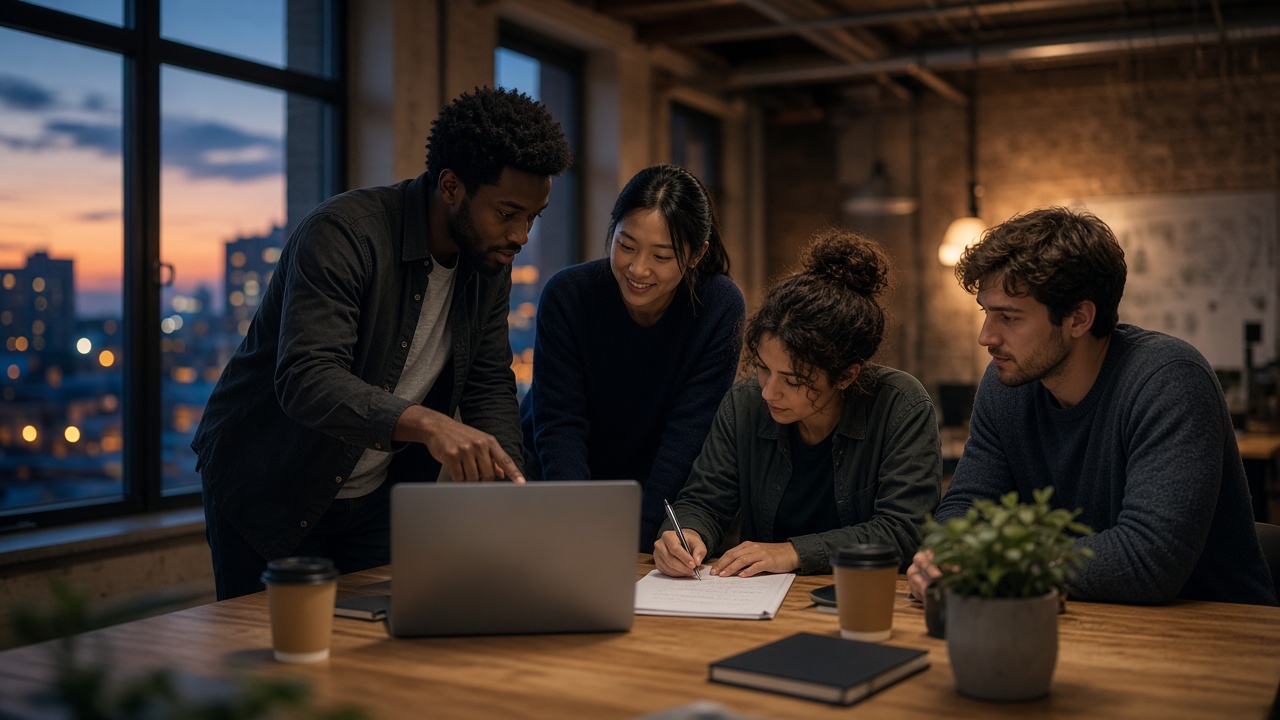 A small team gathered around a loft table at dusk, talking through a waitlist launch.