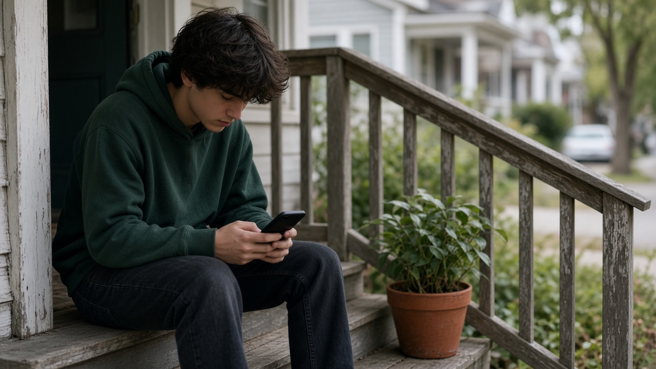 A person on a front porch looking at a phone.