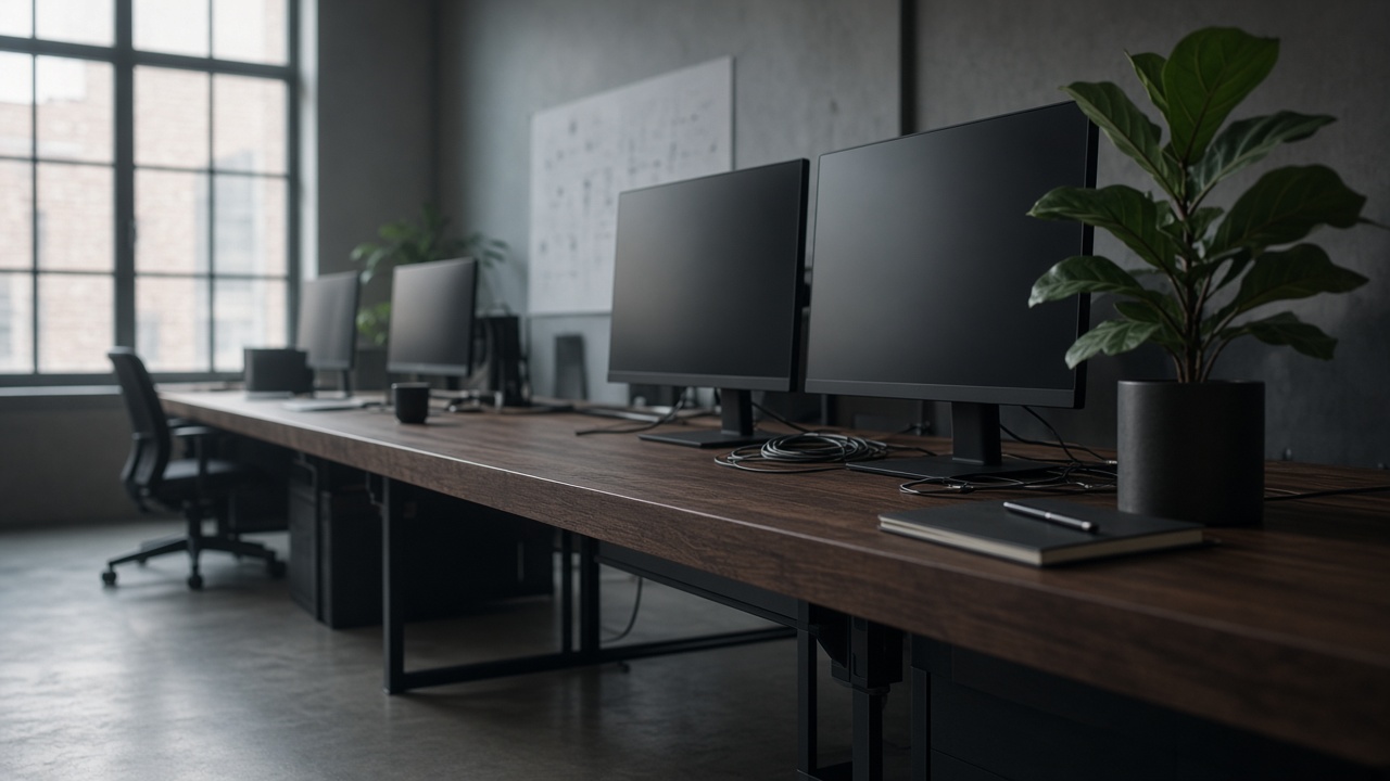 A dark wood standing desk with two large monitors and a fiddle-leaf fig.