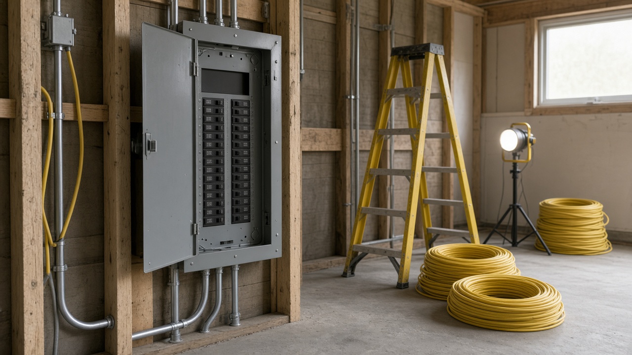 An open electrical panel and conduit on a garage wall.