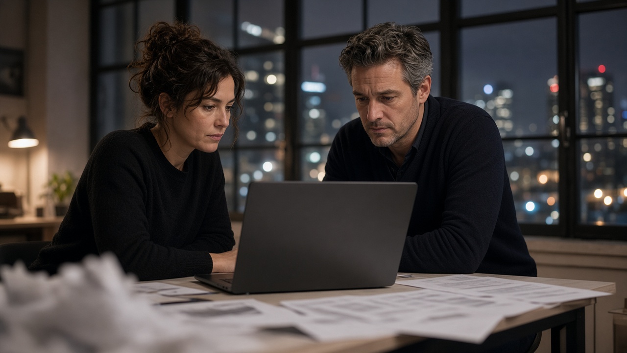 Two founders at a standing desk reviewing waitlist results on a laptop.