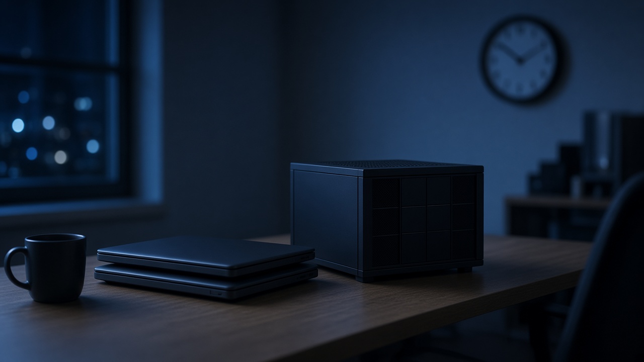 A dim server room at night with closed laptops and unattended equipment.