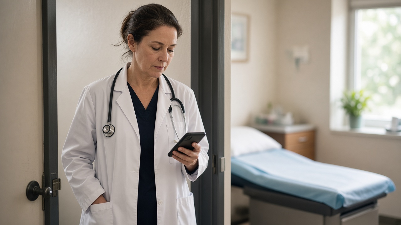 A doctor in a white coat looking at a phone in an exam room doorway.