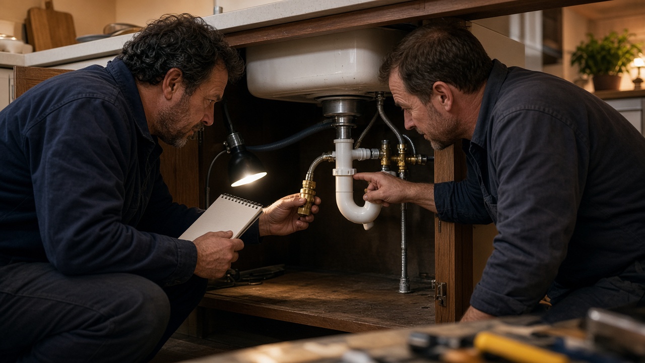 Two plumbers reviewing a sink repair under a kitchen cabinet.