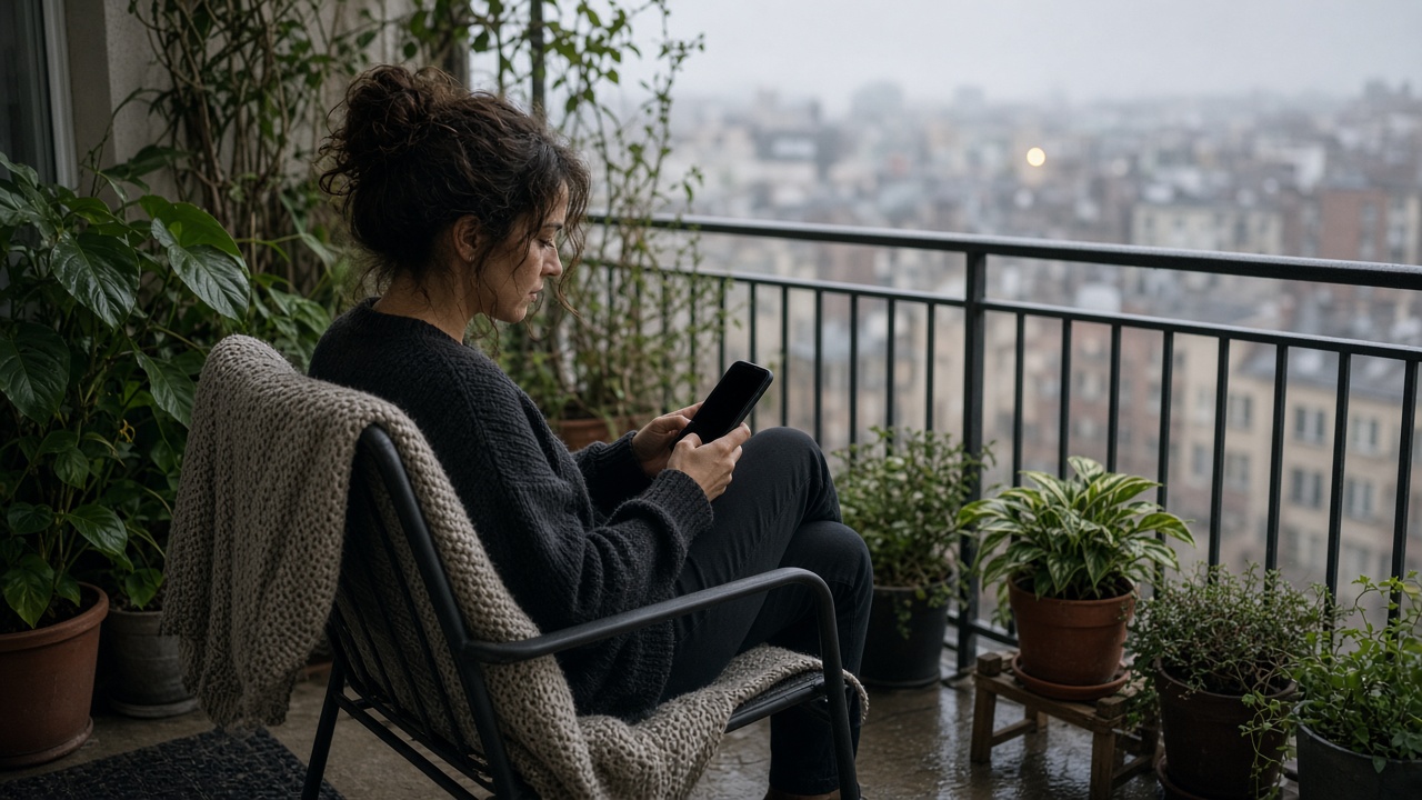A person on a plant-filled balcony looking at a phone.