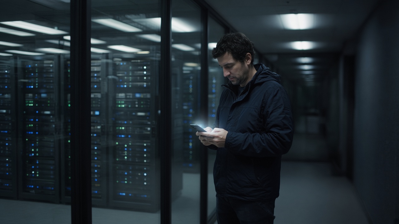 A person in a hallway outside a glass server room looking something up on a phone.
