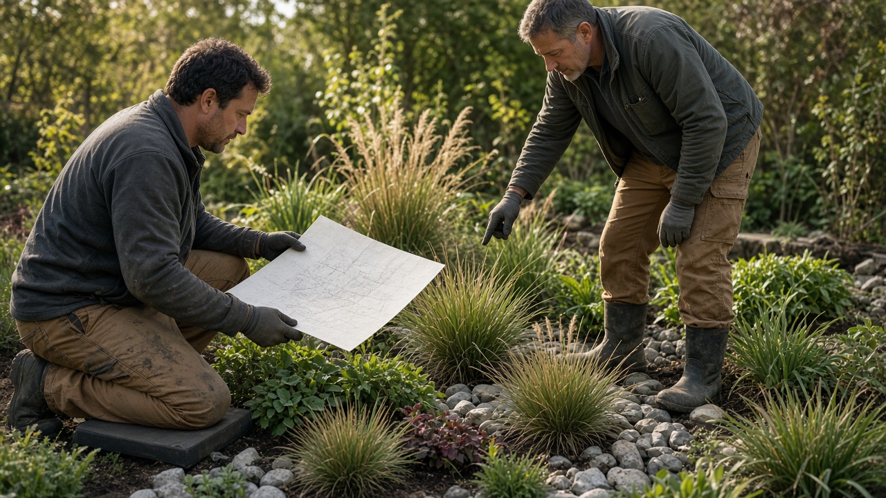 Two landscapers reviewing a site plan beside a newly planted bed.