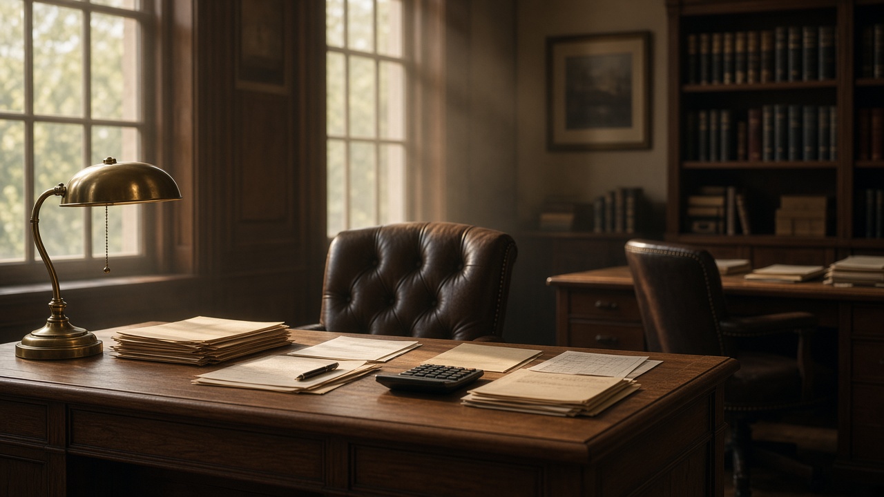 A quiet CPA office with oak desks, manila folders, and afternoon window light.