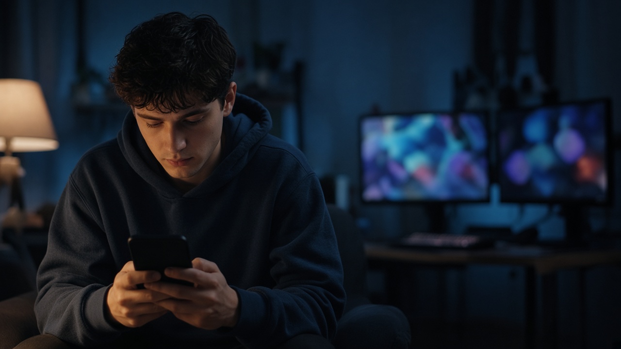 A person in a dim room looking at a phone beside a glowing monitor.