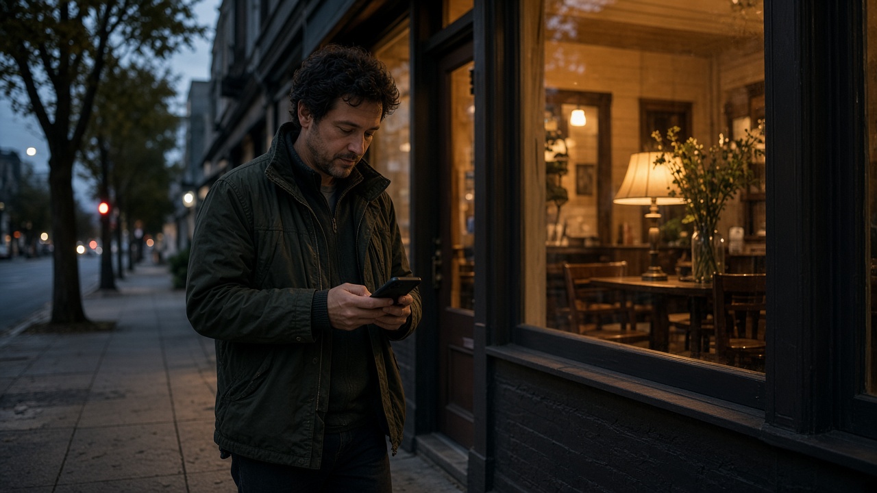 A person looking at a phone on the sidewalk outside a restaurant.