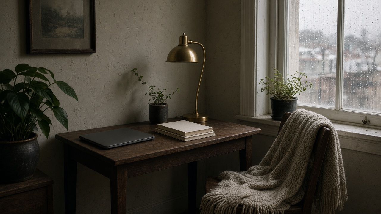 A person at a small apartment desk with a laptop, lamp, and houseplants.