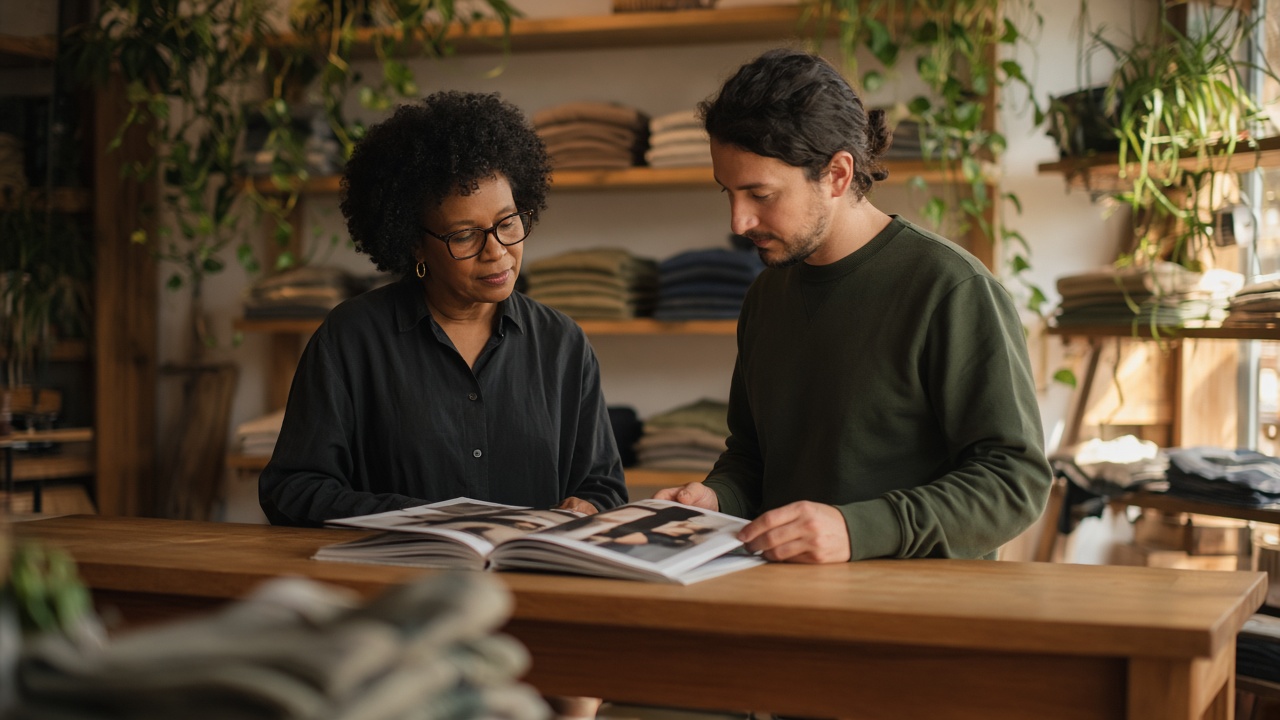 Two people behind a clothing shop counter reviewing a printed lookbook.
