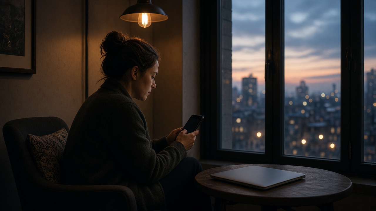 A person in a cafe nook looking at a phone by a tall window.
