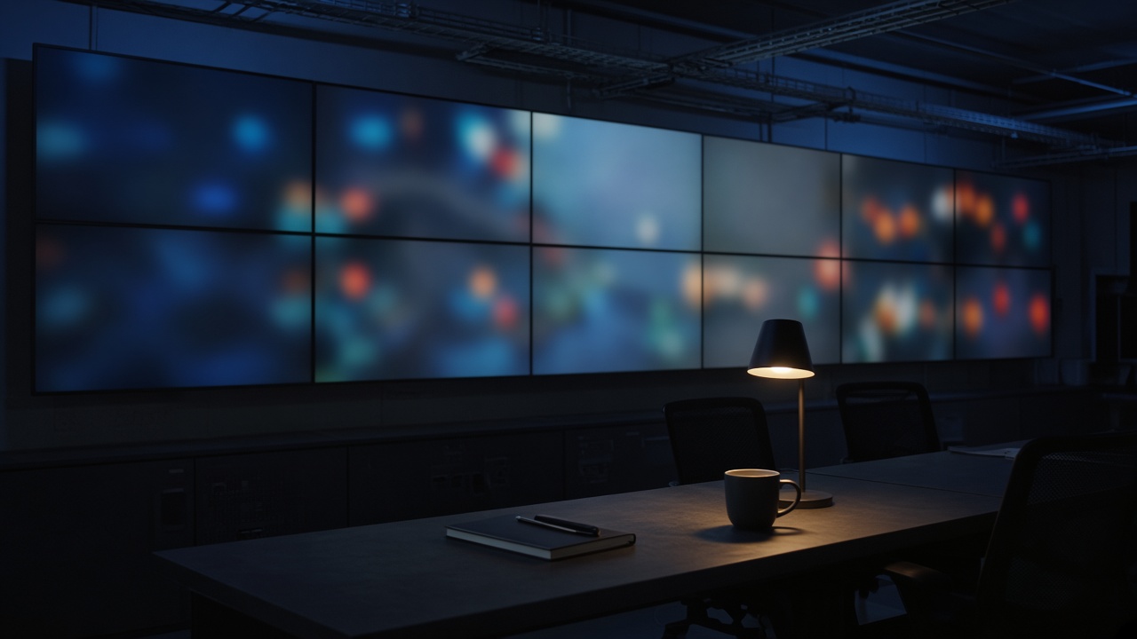 A dim room with a wall of monitors showing colorful charts and a long black desk.