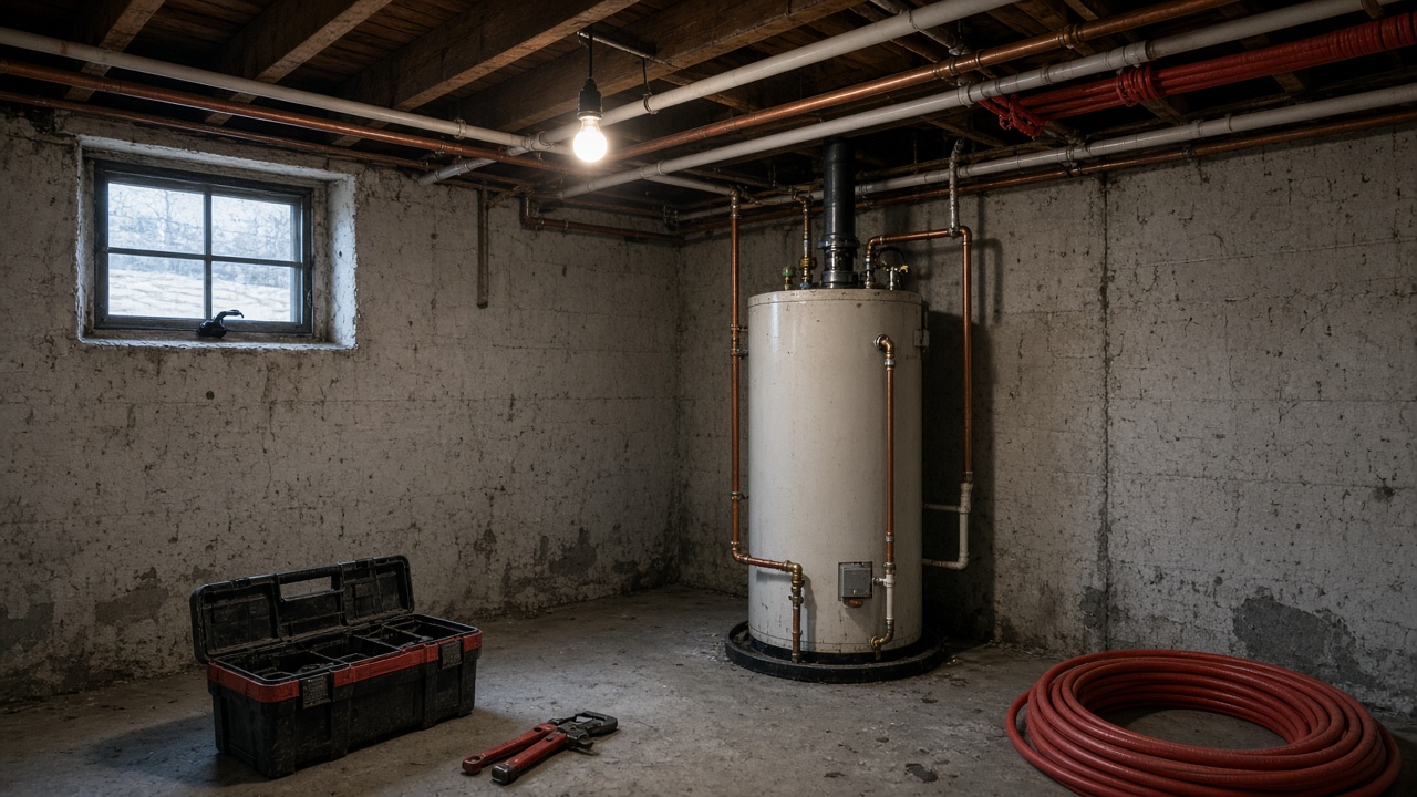 A basement utility room with exposed pipes and a water heater.