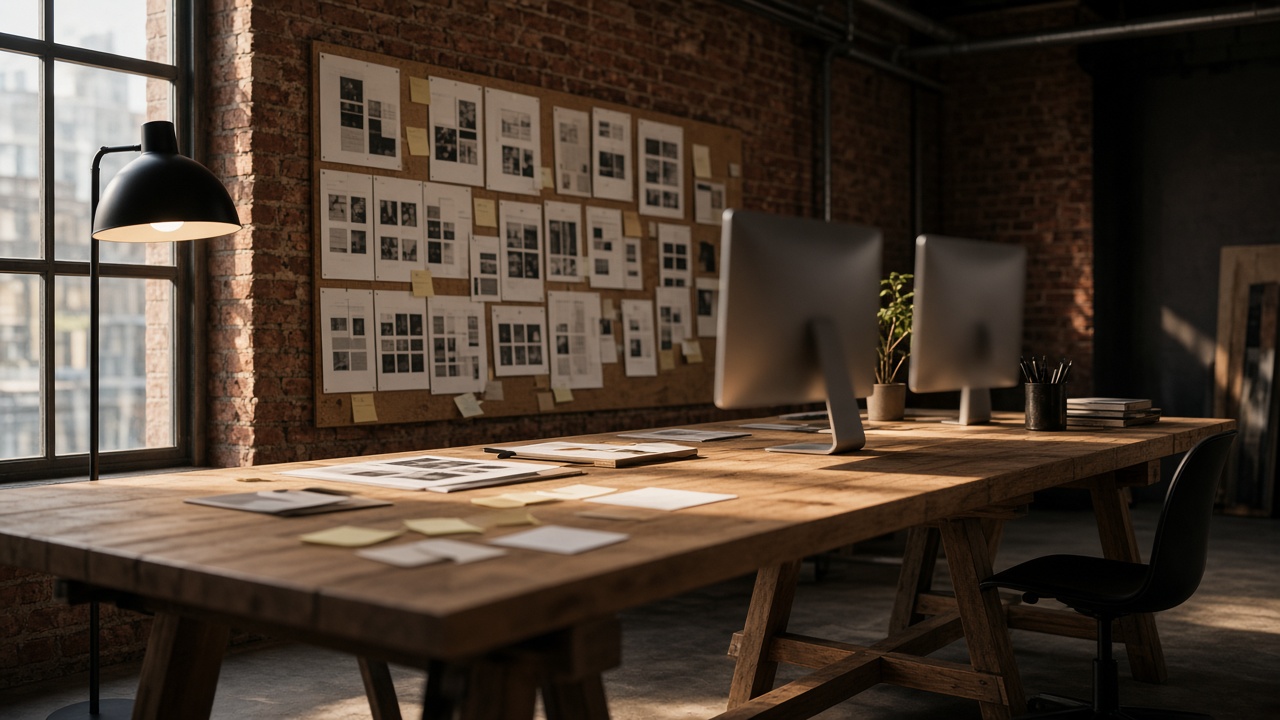 Two people at a long wooden table in a brick loft reviewing printed page layouts.